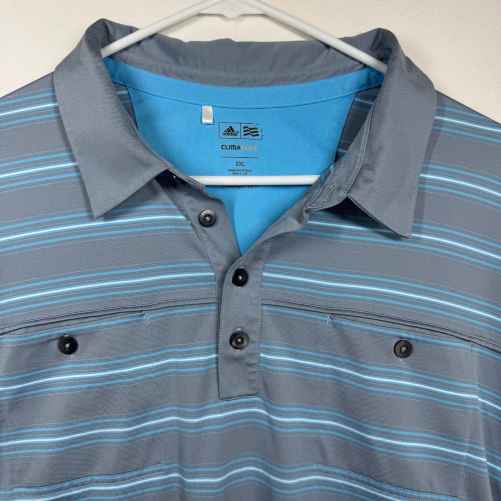 Adidas ClimaCool Polo Shirt Mens 2XL Grey Blue Striped Short Sleeve X17097